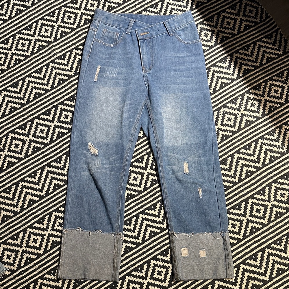 Distressed Blue Jeans with Cuffed Hem